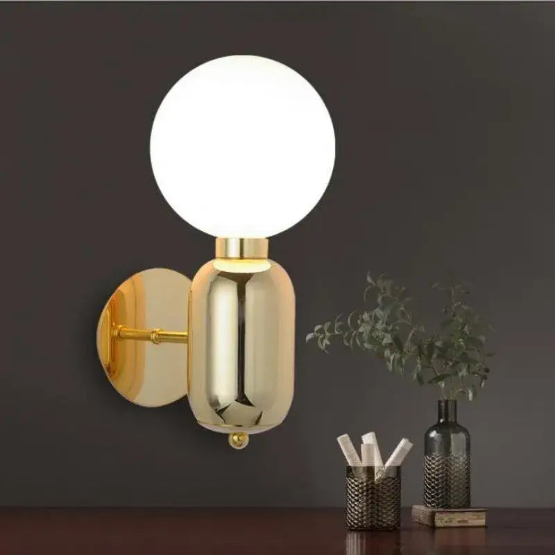 Modern gold mirror ball wall lamp bedroom frosted glass sconce