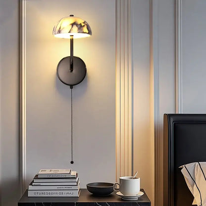 Modern gold mushroom carbon steel wall lamp bedroom pull chain light