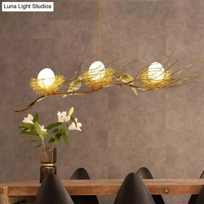 DecorBites™ Modern Gold Nest Island Pendant Chandelier with Bird Decor - 3 Head Metal Lighting
