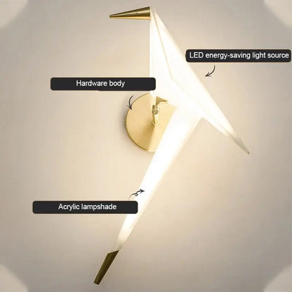 Modern gold origami bird led wall lamp for bedroom