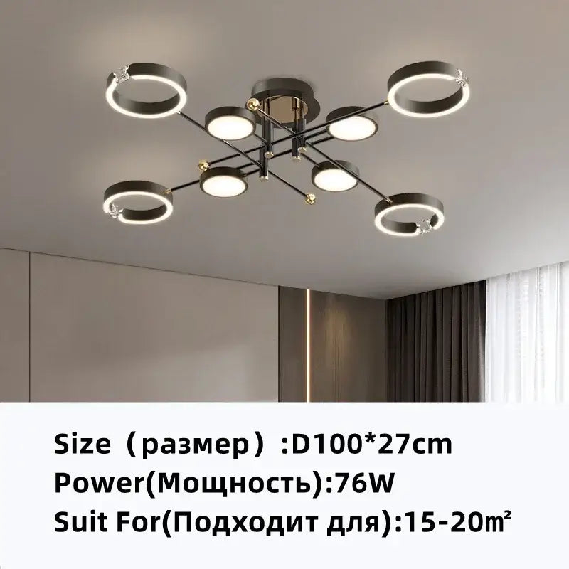 Modern gold plated chandelier with black arms for living room