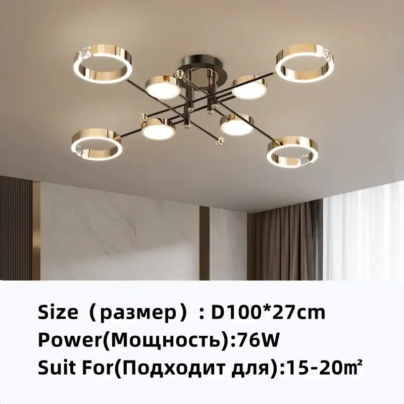 Modern gold plated chandelier with black arms for living room