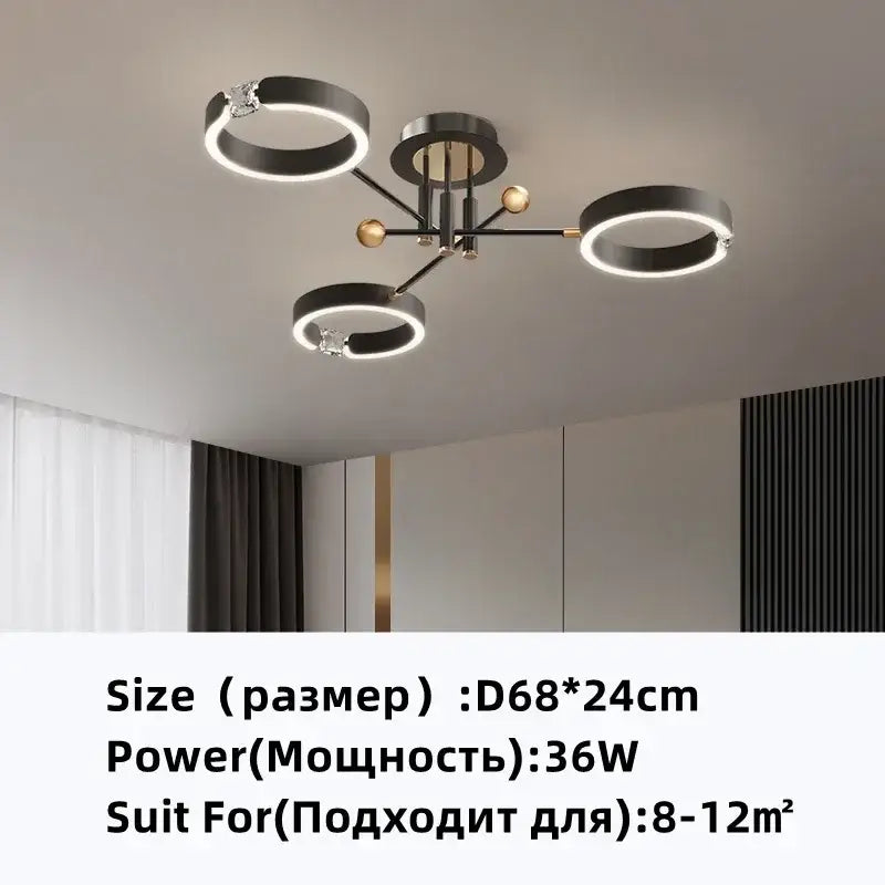 Modern gold plated chandelier with black arms for living room