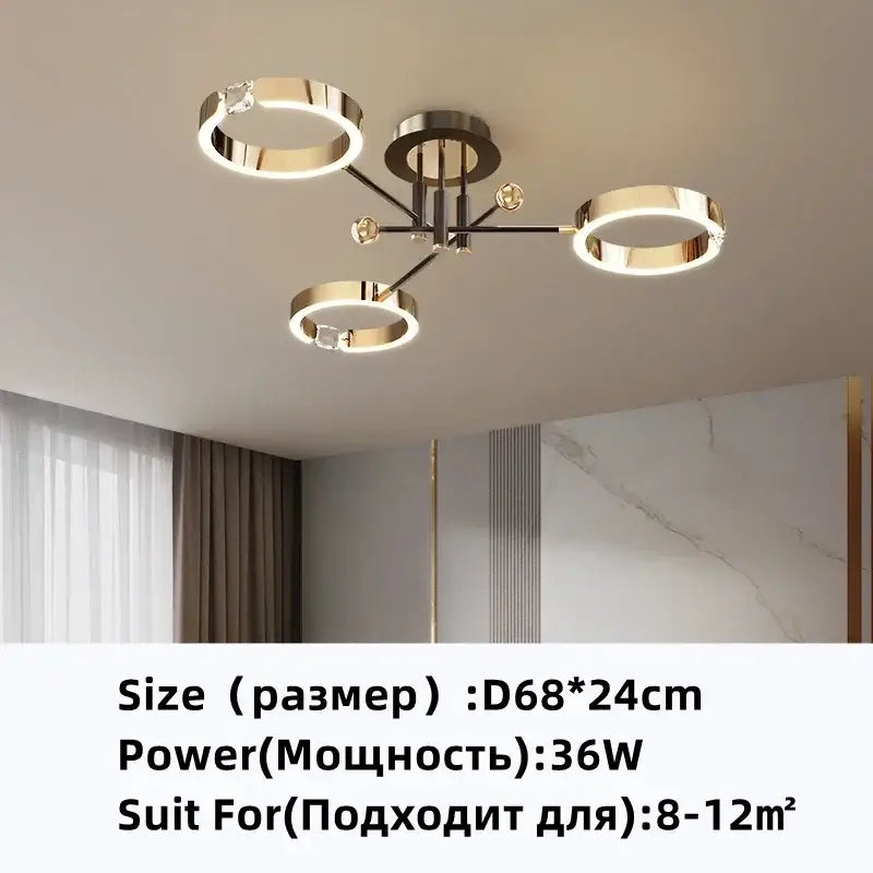 Modern gold plated chandelier with black arms for living room