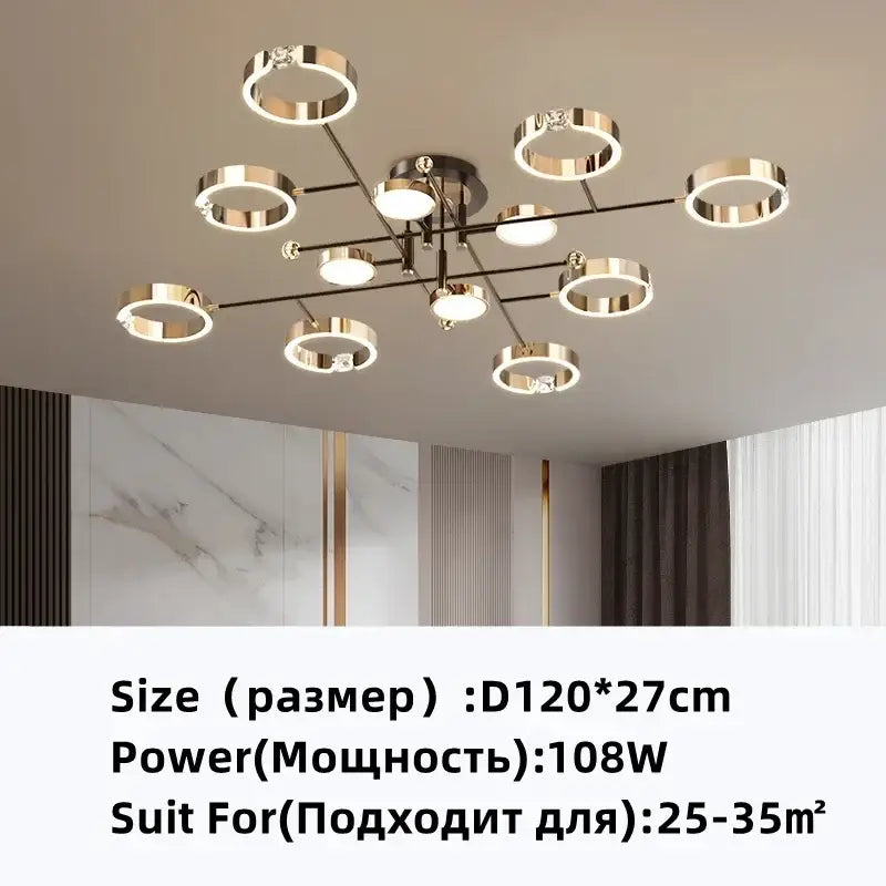 Modern gold plated chandelier with black arms for living room