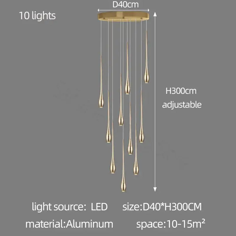 Modern gold plated led chandelier cascading living room pendant light