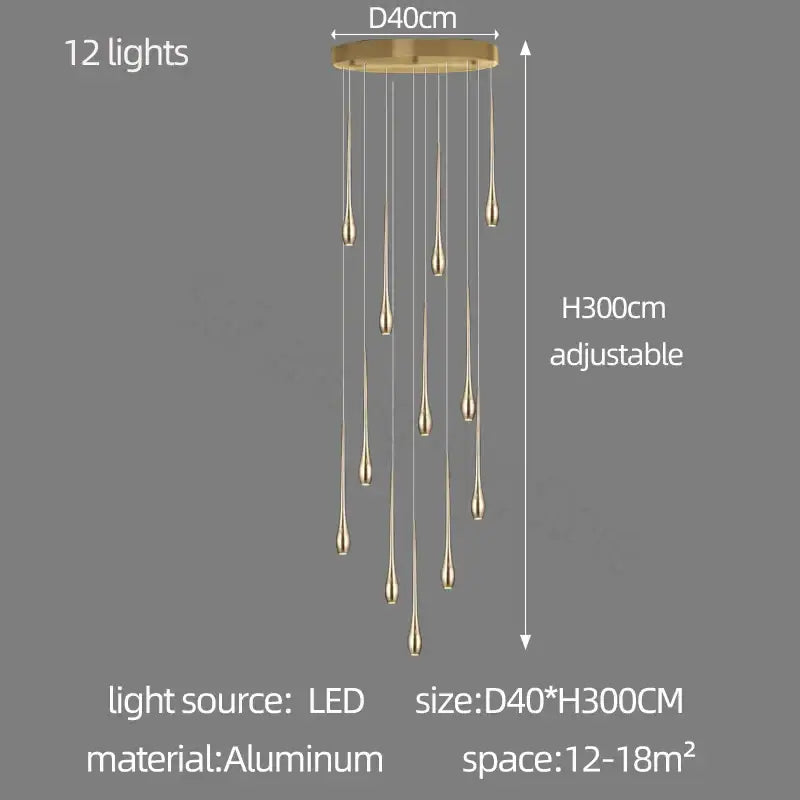 Modern gold plated led chandelier cascading living room pendant light