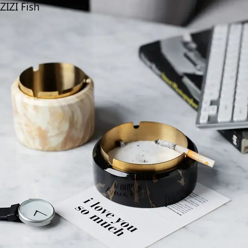 Modern gold plated marble texture ashtray living room smoking tray