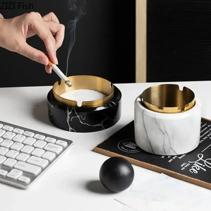 Modern gold plated marble texture ashtray living room smoking tray