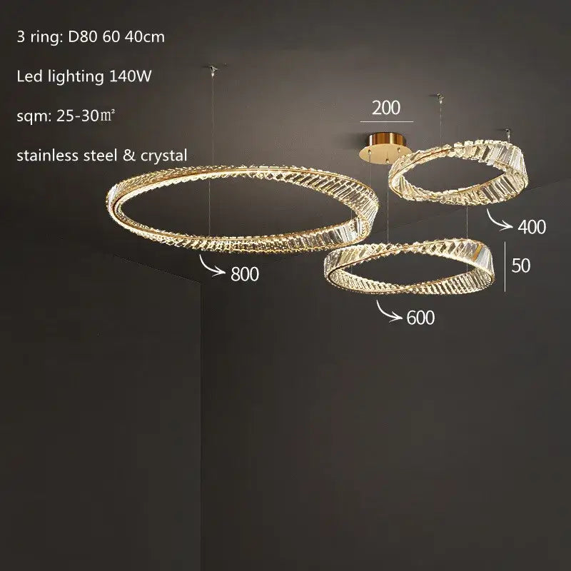 Modern gold plated steel ring pendant lamp for dining room crystal