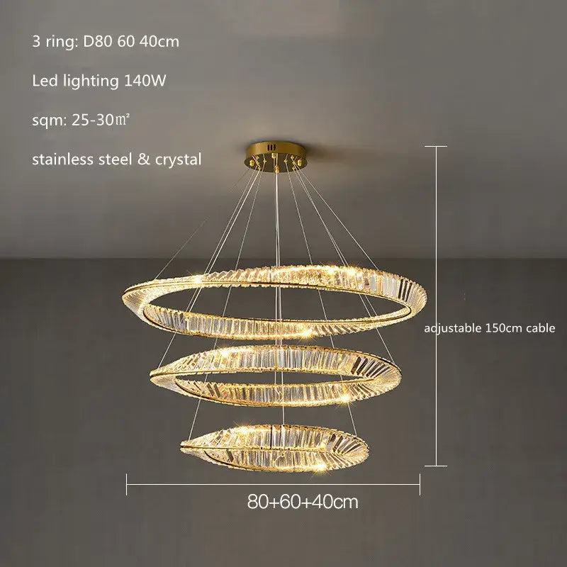 Modern gold plated steel ring pendant lamp for dining room crystal