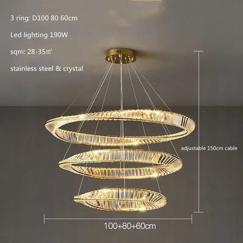 Modern gold plated steel ring pendant lamp for dining room crystal