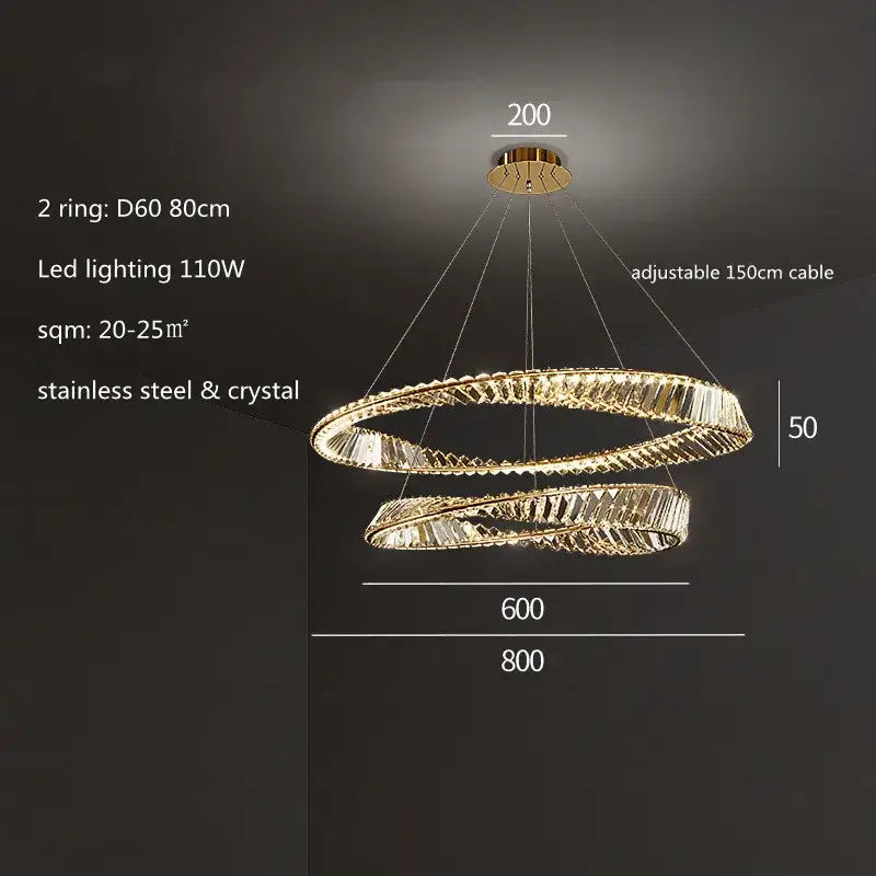 Modern gold plated steel ring pendant lamp for dining room crystal
