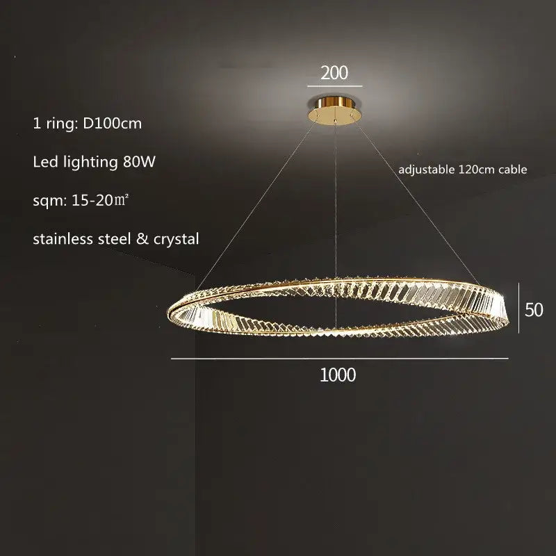 Modern gold plated steel ring pendant lamp for dining room crystal