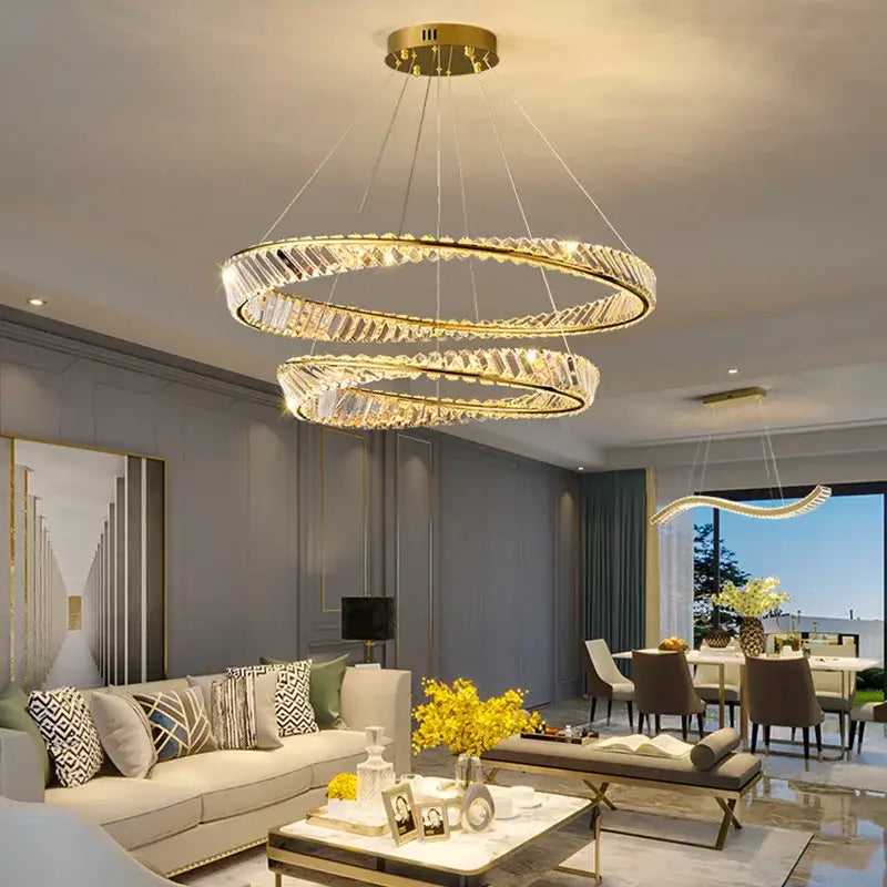 Modern gold plated steel ring pendant lamp for dining room crystal