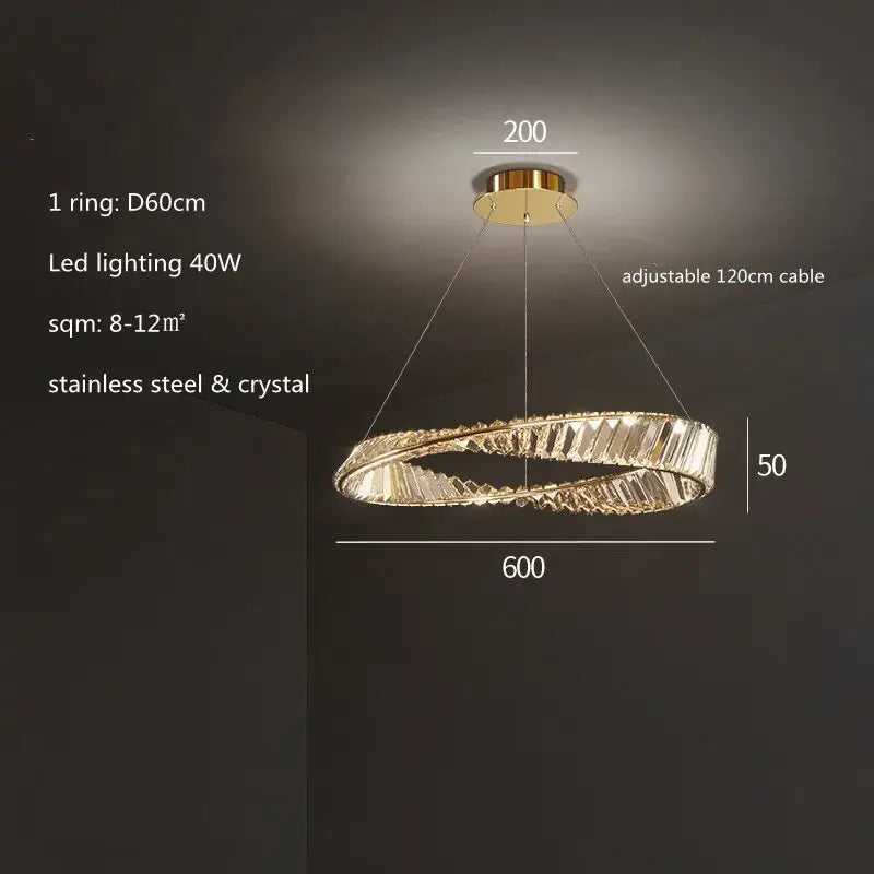 Modern gold plated steel ring pendant lamp for dining room crystal