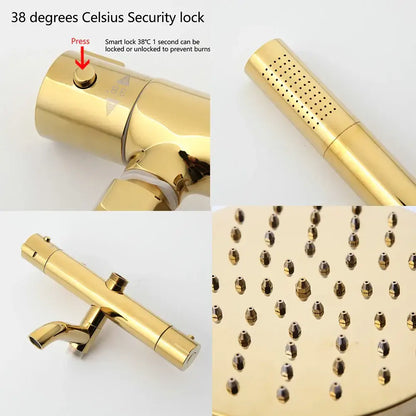 Modern gold plated thermostatic shower set with rainhead for bathroom