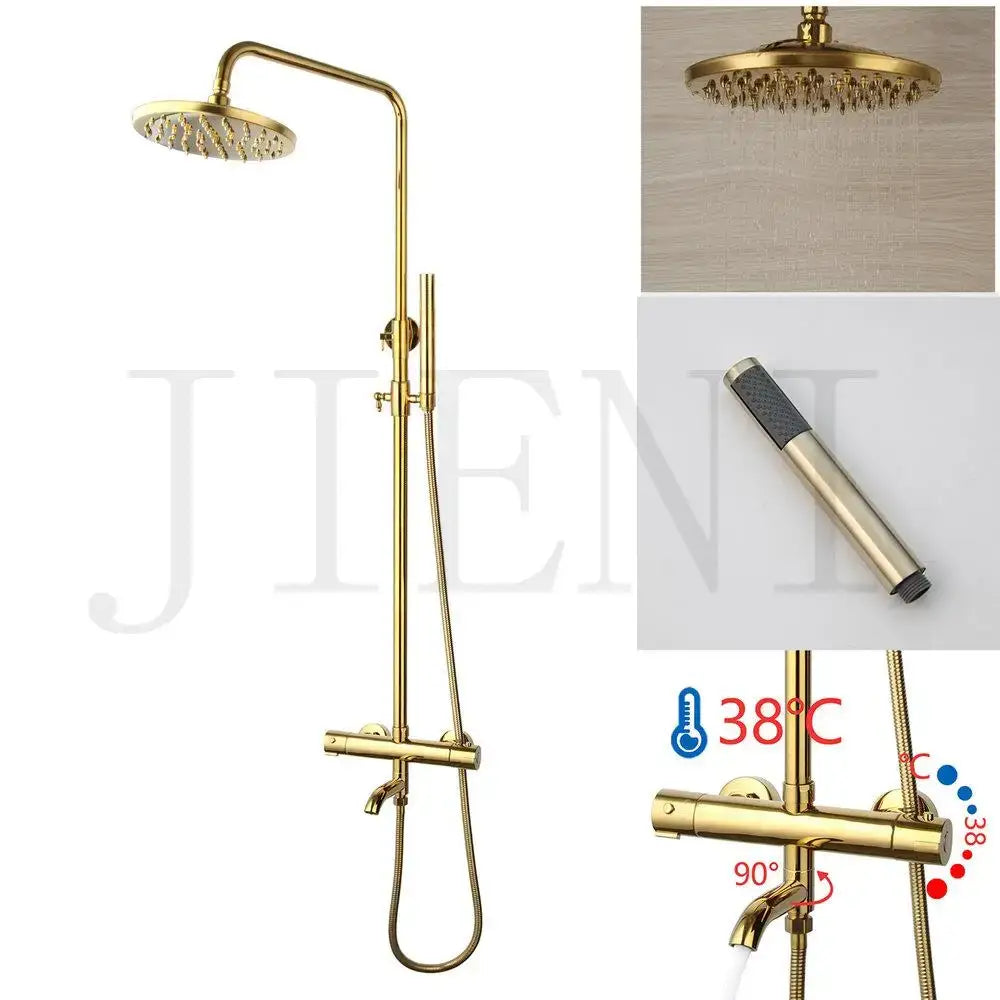 Modern gold plated thermostatic shower set with rainhead for bathroom
