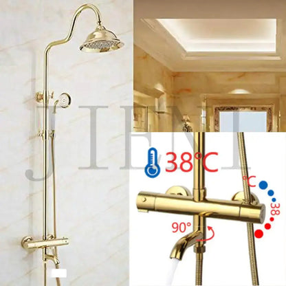 Modern gold plated thermostatic shower set with rainhead for bathroom