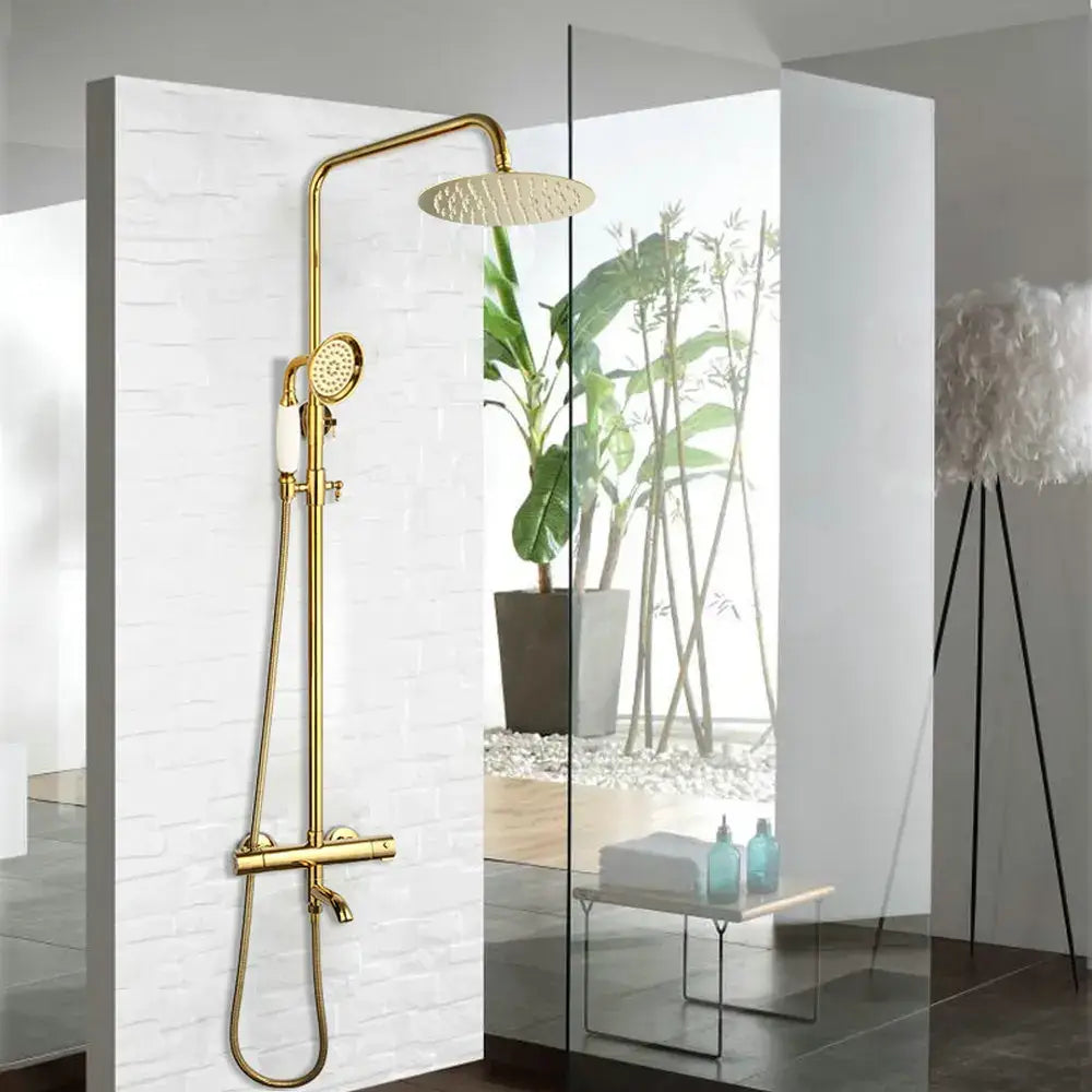 Modern gold plated thermostatic shower set with rainhead for bathroom