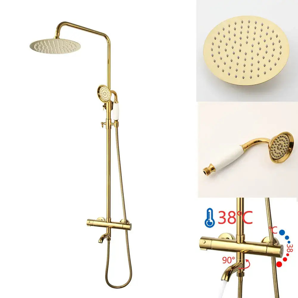 Modern gold plated thermostatic shower set with rainhead for bathroom