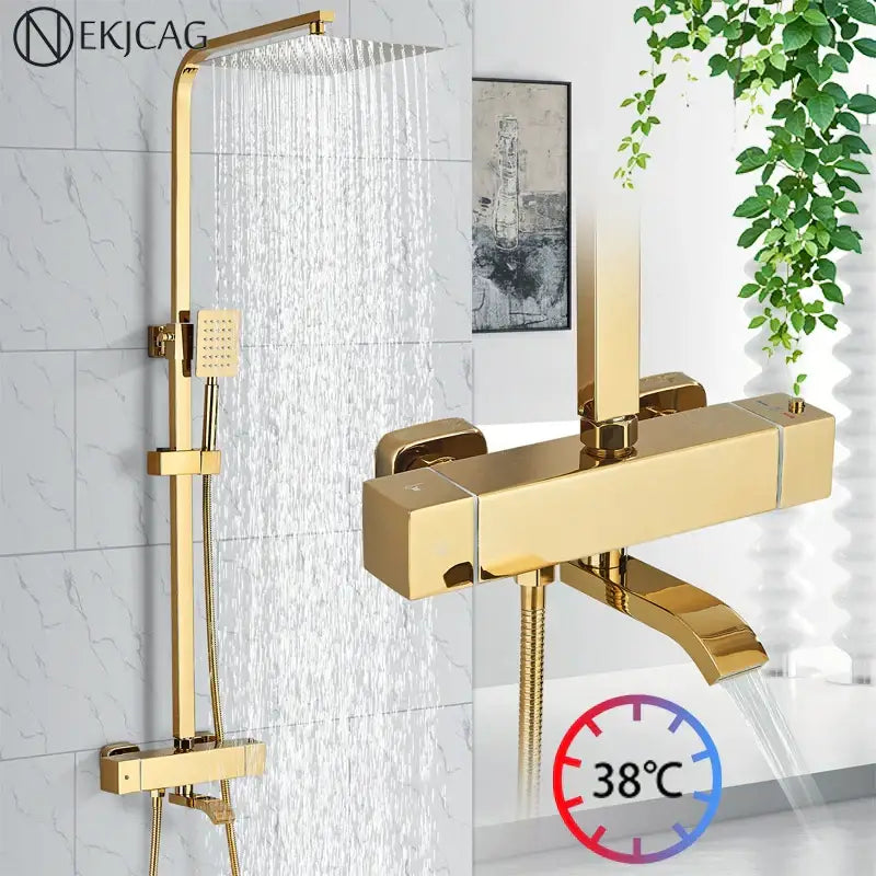 Modern gold rainfall shower faucet set bathroom thermostatic mixer