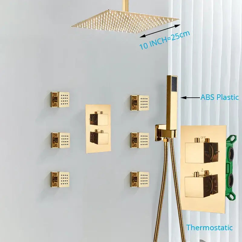 Modern gold rainfall shower head system with massage jets bathroom