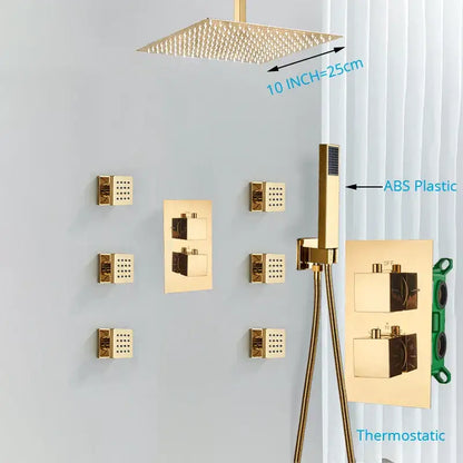 Modern gold rainfall shower head system with massage jets bathroom