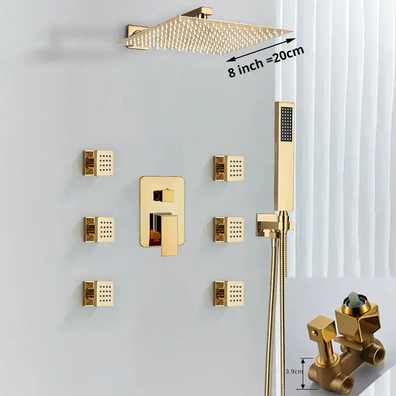 Modern gold rainfall shower head system with massage jets bathroom