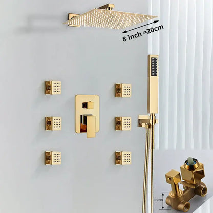 Modern gold rainfall shower head system with massage jets bathroom