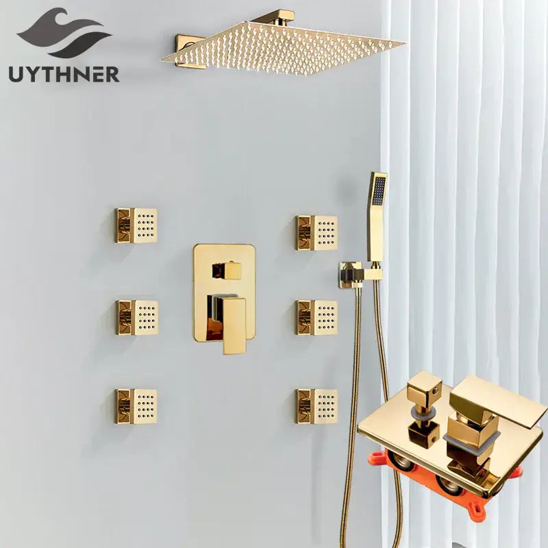 Modern gold rainfall shower head system with massage jets bathroom