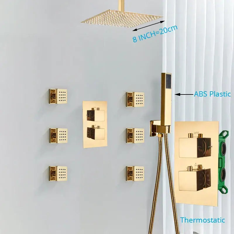 Modern gold rainfall shower head system with massage jets bathroom