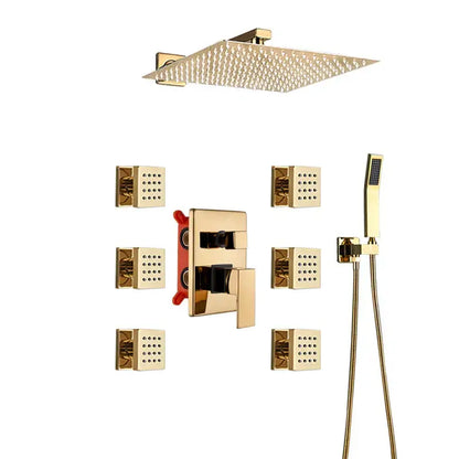 Modern gold rainfall shower head system with massage jets bathroom