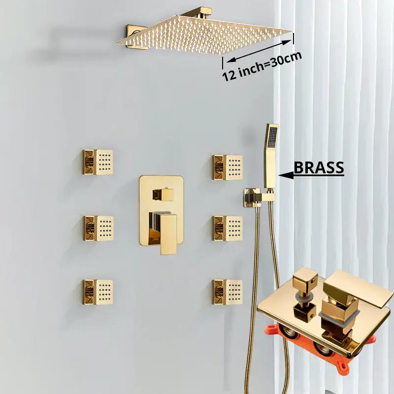 Modern gold rainfall shower head system with massage jets bathroom
