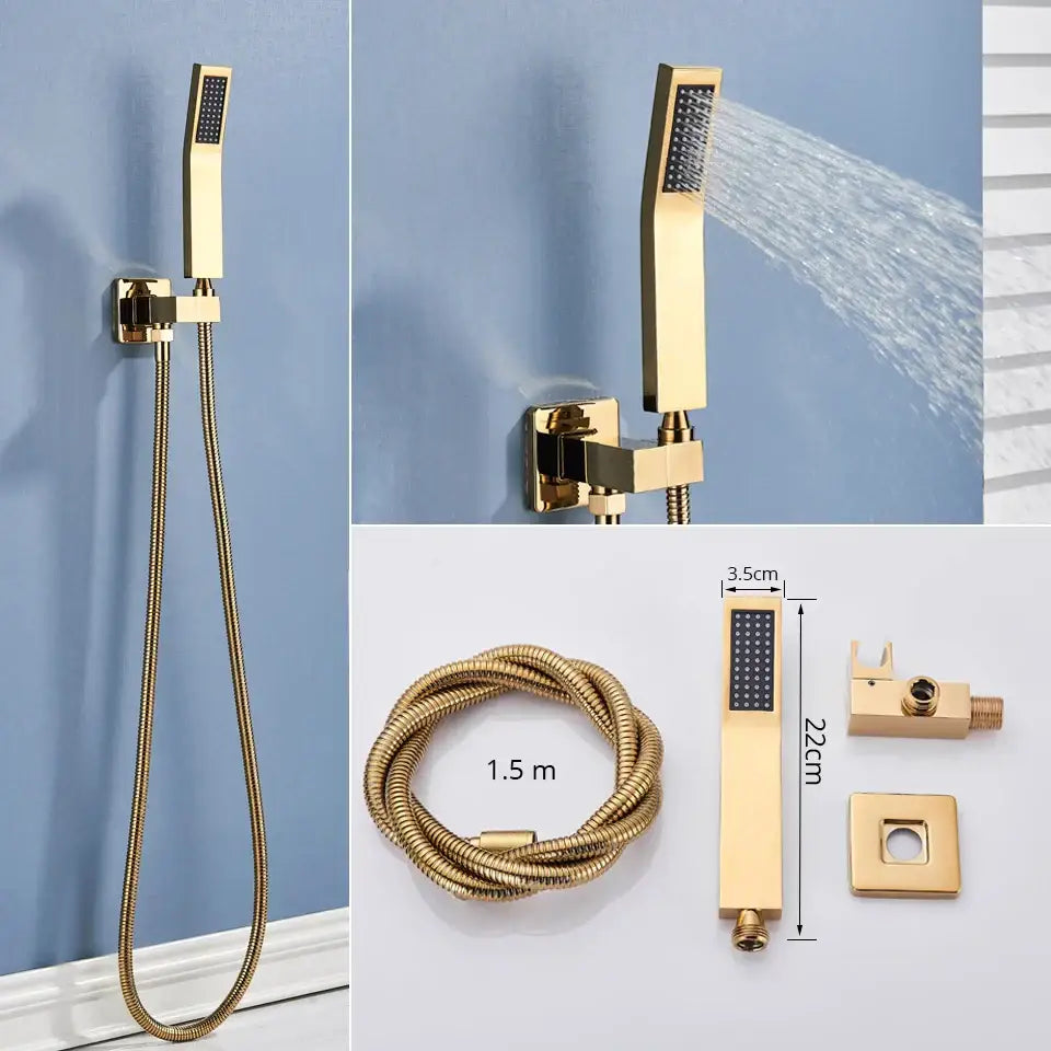 Modern gold rainfall shower head system with massage jets bathroom