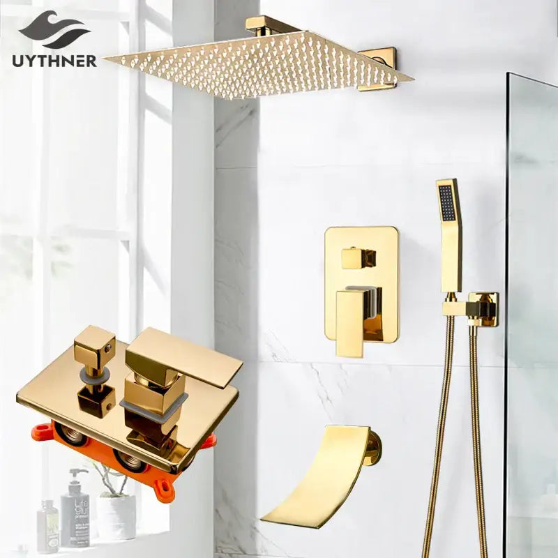 Modern gold rainfall shower system with handheld sprayer bathroom set