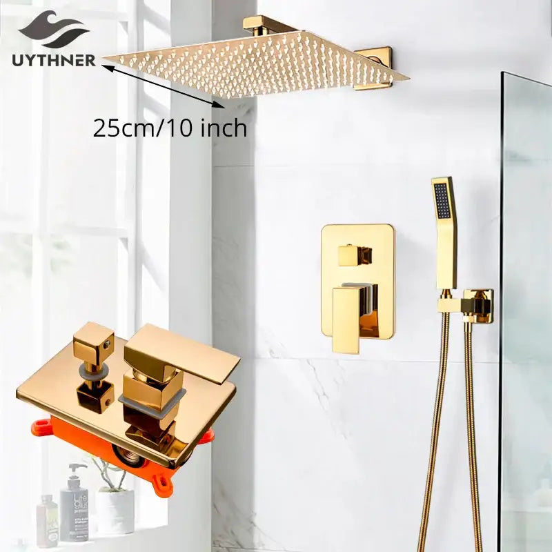 Modern gold rainfall shower system with handheld sprayer bathroom set