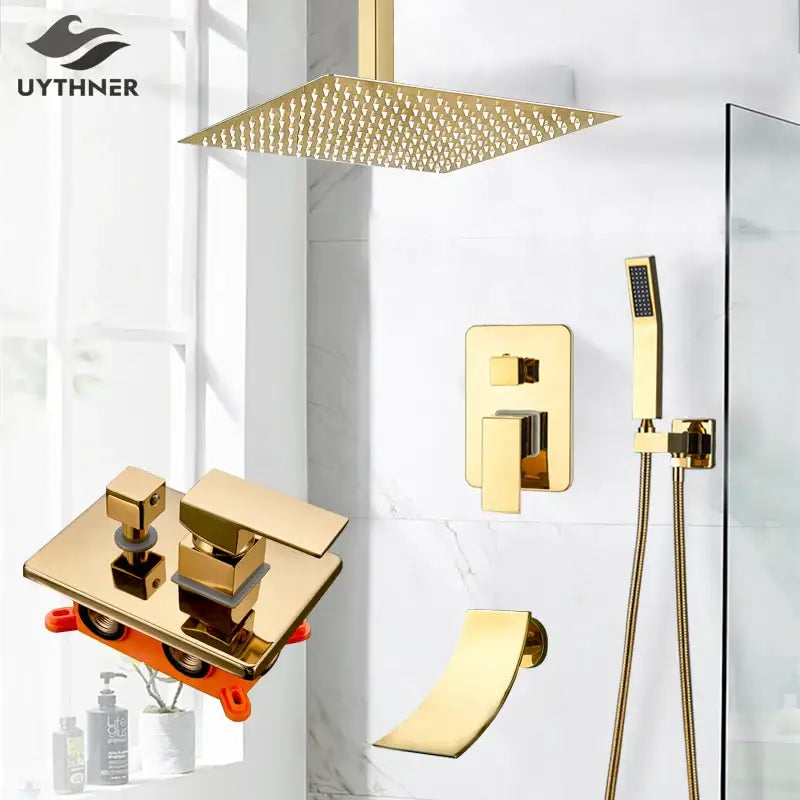 Modern gold rainfall shower system with handheld sprayer bathroom set