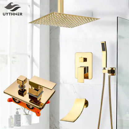 Modern gold rainfall shower system with handheld sprayer bathroom set