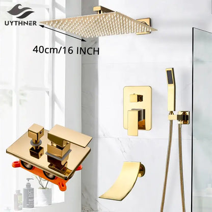 Modern gold rainfall shower system with handheld sprayer bathroom set