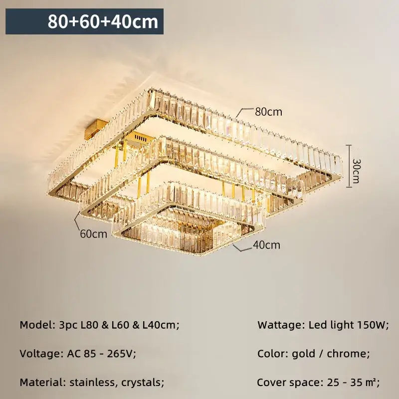 Modern gold rectangular crystal ceiling chandelier dimmable bedroom light