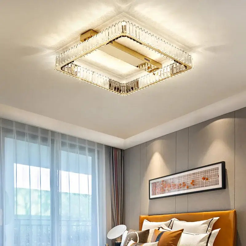 Modern gold rectangular crystal ceiling chandelier dimmable bedroom light