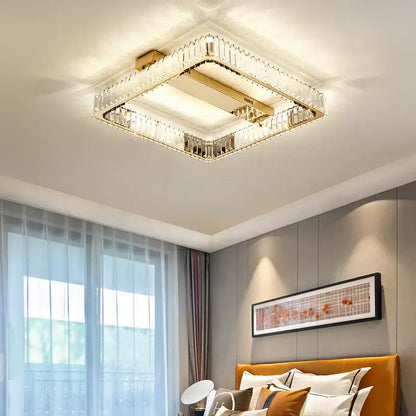 Modern gold rectangular crystal ceiling chandelier dimmable bedroom light