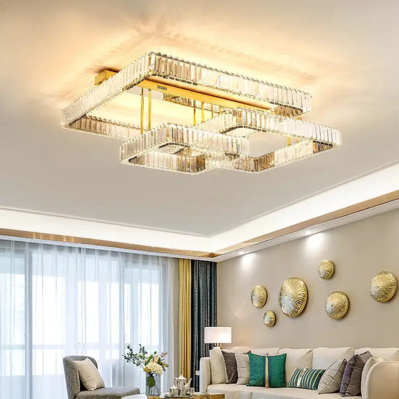 Modern gold rectangular crystal ceiling chandelier dimmable bedroom light