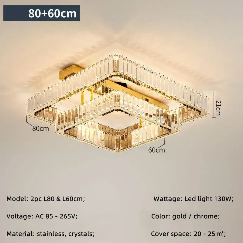 Modern gold rectangular crystal ceiling chandelier dimmable bedroom light