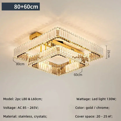 Modern gold rectangular crystal ceiling chandelier dimmable bedroom light