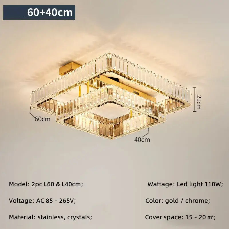 Modern gold rectangular crystal ceiling chandelier dimmable bedroom light