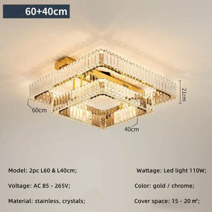 Modern gold rectangular crystal ceiling chandelier dimmable bedroom light