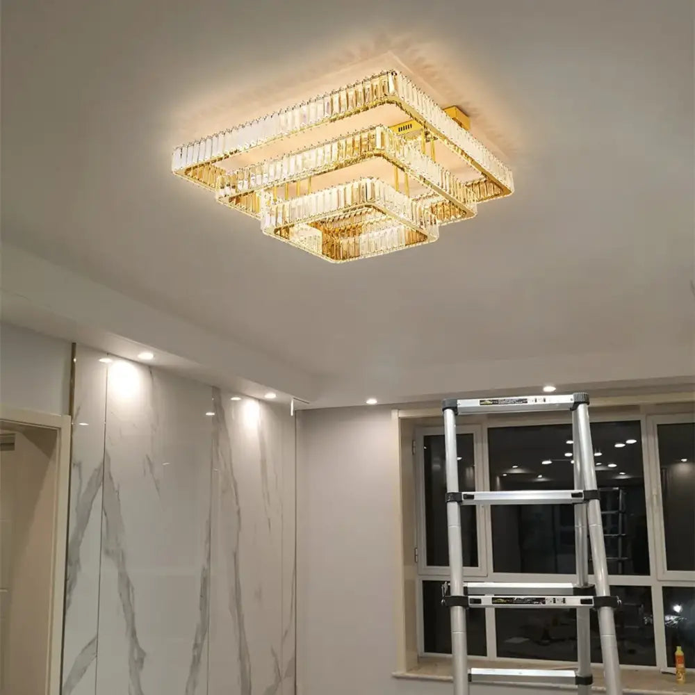 Modern gold rectangular crystal ceiling chandelier dimmable bedroom light