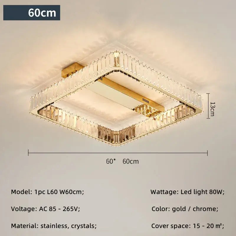 Modern gold rectangular crystal ceiling chandelier dimmable bedroom light